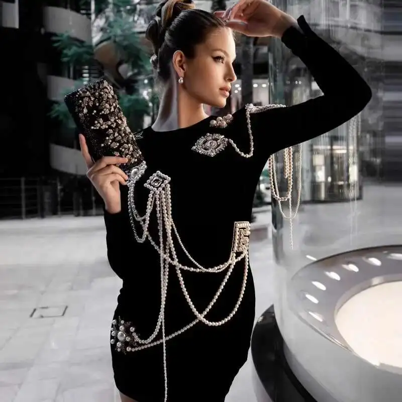 LEOSOXS สตรีชุดกํามะหยี่สีดําแขนยาวเพิร์ล Rhinestone Embellished Elegant Evening Party ชุดราตรีชุดราตรีชุด