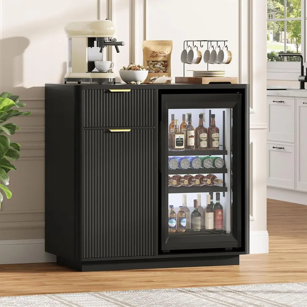 

Modern Bar Cabinet with Wine Rack, Glass Holders, and Power Outlet for Home, Dining, Kitchen, Living Spaces in Black