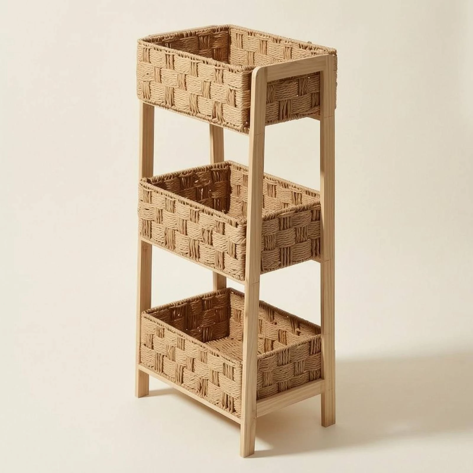 

Three-Tier Storage Rack Light Wood Woven Basket Organizer Freestanding Basket Shelf Natural Tan