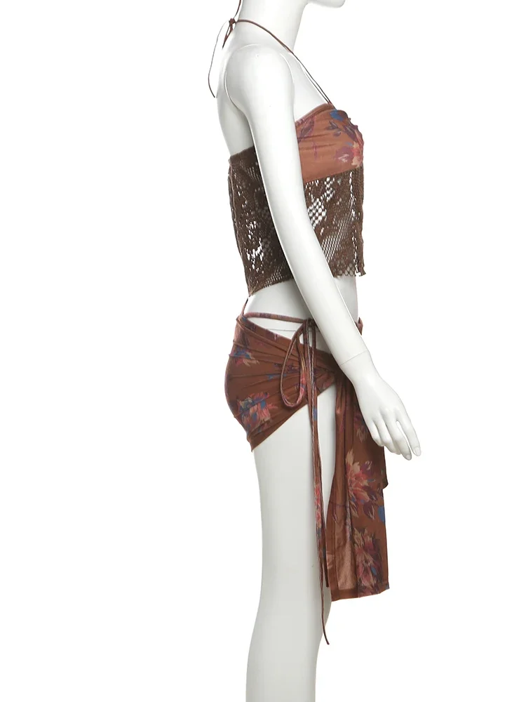 

Sisterlinda Fashion Vintage 2 Piece Set Summer New Sexy Patchwork Halter Split Crop Tanks+Underwear+Tied Mini Skirts Swim Suits