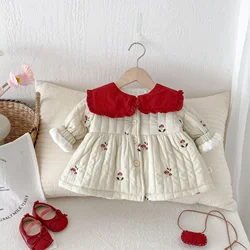 2025 Winter New in Kids Baby Girls Thicken Plush Cute Outwear,children Embroidery Floral Ruffles Jacket Toddler Coat 0-5Y