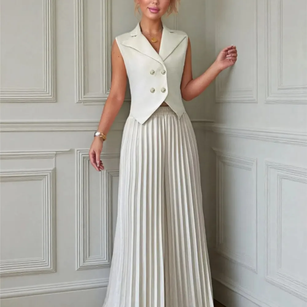 ノースリーブベストとゆったりプリーツパンツのツーピースセット 春夏 レディース新作ファッションパンツセット Conjuntos De Pantalones 신상투피스