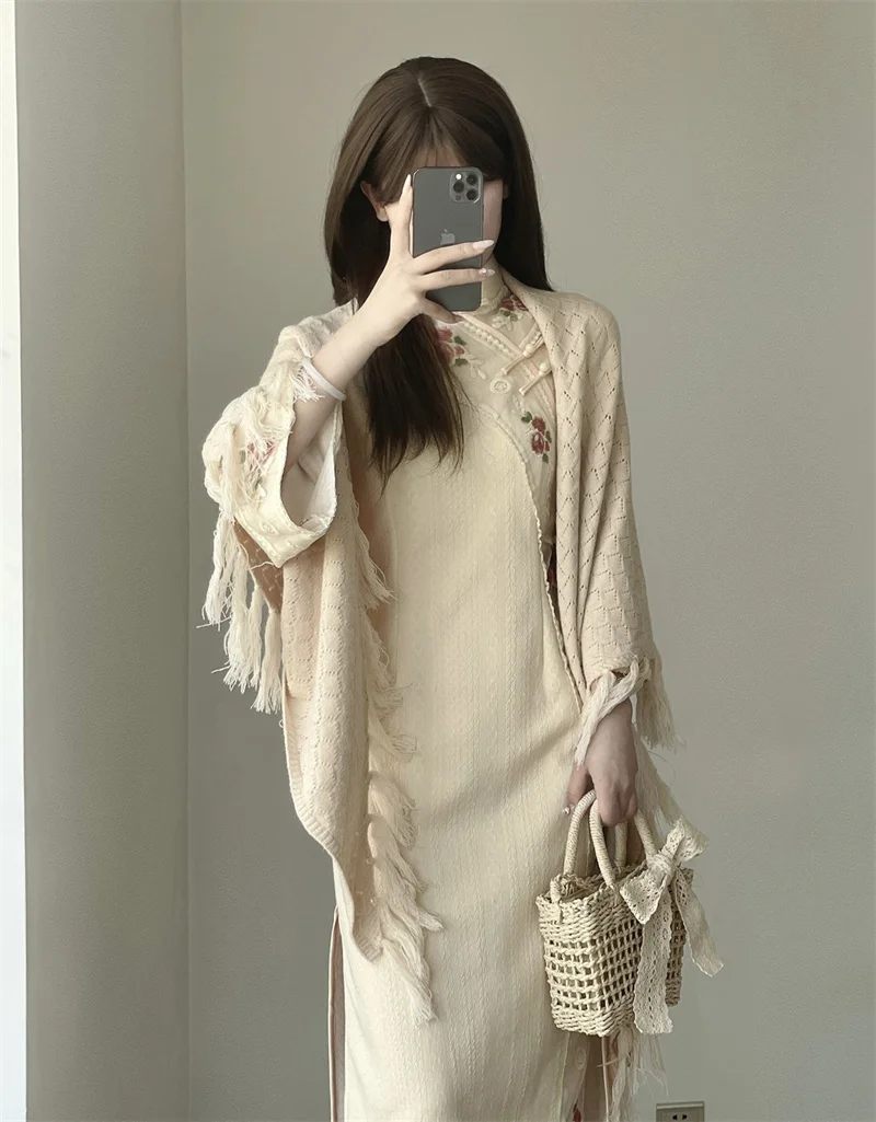 2024 Spring New Fashionable Versatile Retro Chinese Style Inverted Big Sleeve Young Style Improved Long Sleeve Cheongsam Dress