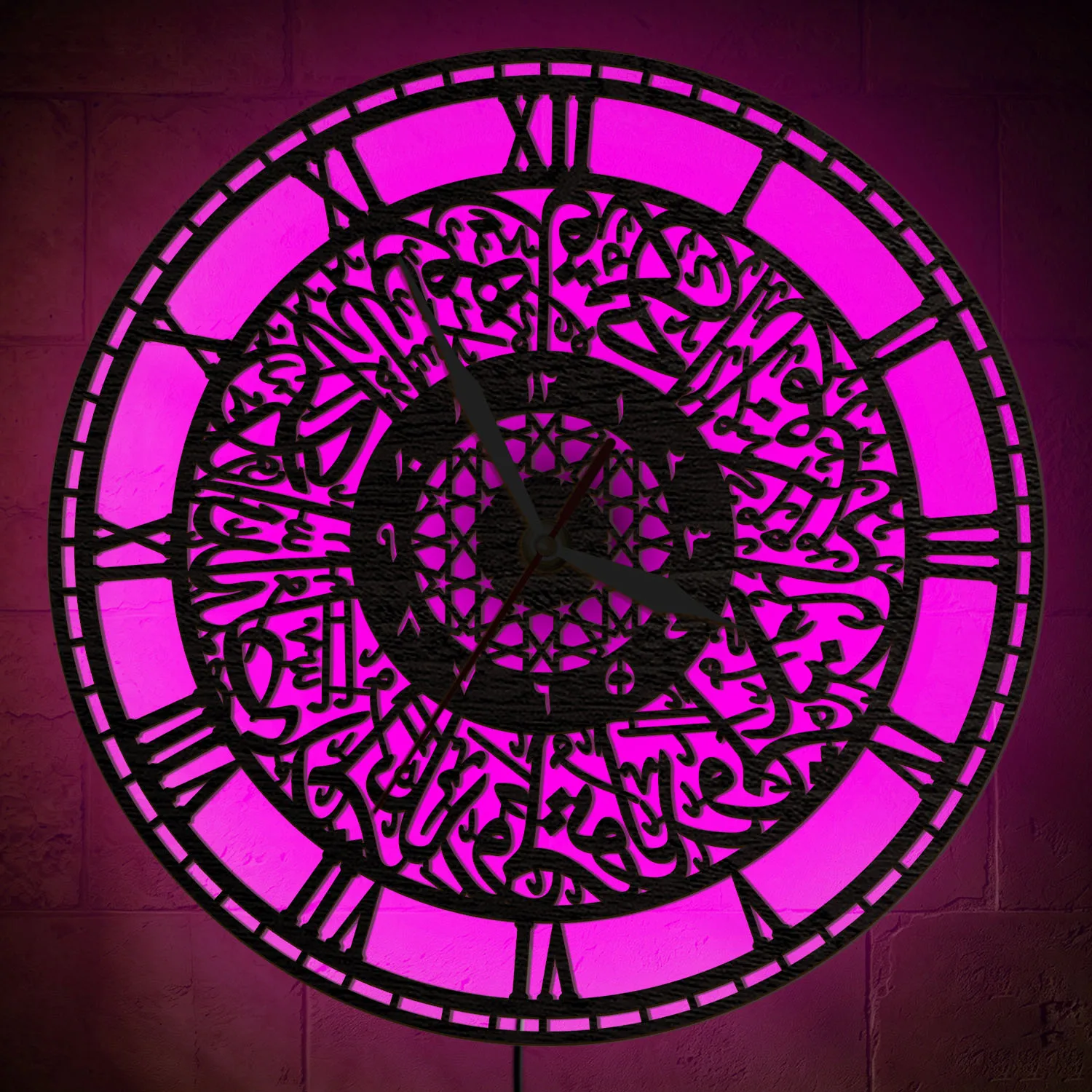 Islamic Arabic Calligraphy Wooden Wall Clock with LED Backlit Muslim Religious Home Decor Color Changing Night Light Wall Clock