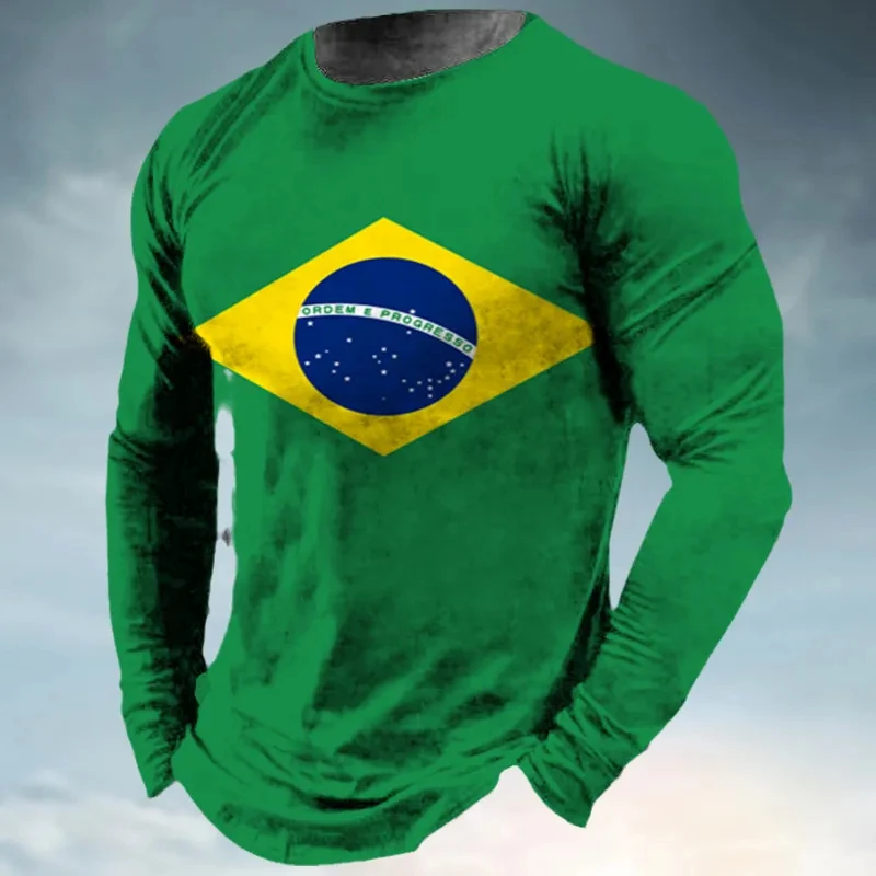 Long Sleeve Tshirts 3D Print Retro Brazilian Flag Emblem  Loose Men Women Unisex Round Neck Harajuku Oversized TShirt Clothes