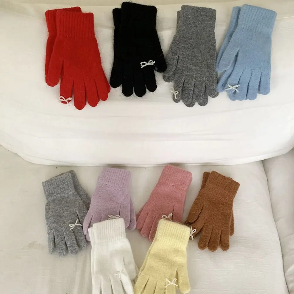 

Cute Touch Screen Pearl Bow Knitted Gloves Bowknot Solid Color Women Winter Gloves Warm Candy Colored Women Mittens Student