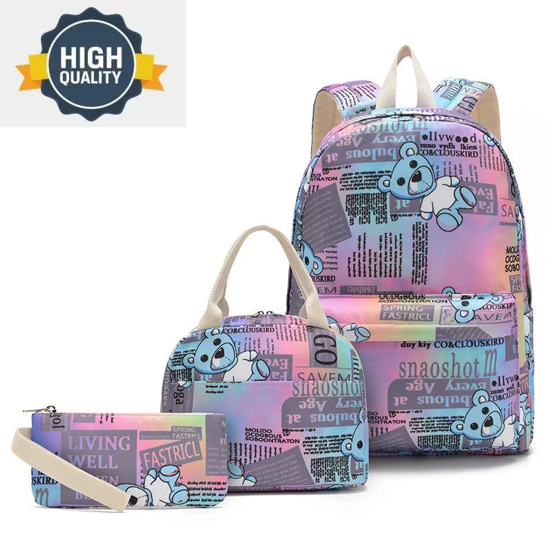 

Pattern Cute Bear Backpack Set With Pencil Case & Lunch Pouch Twill 3 In 1 Primary School Packs