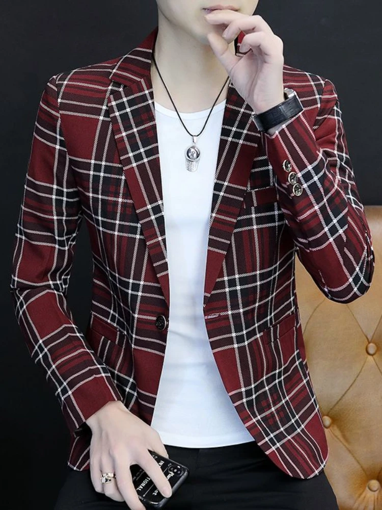 Man Suits And Blazers Thin Slim Fit Plaid Classic Jacket For Men Elegant Youthful Emo Fashion 2024 Coats Spring Clothes Summer