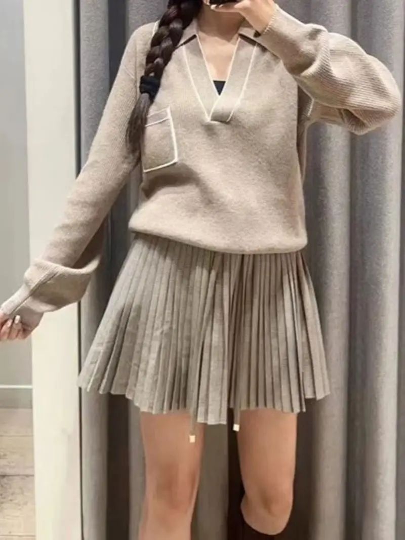 Autumn Winter Women V-Neck or Turtleneck Sweater Contrast Color Long Sleeve Casual Ladies Knitted Pullover