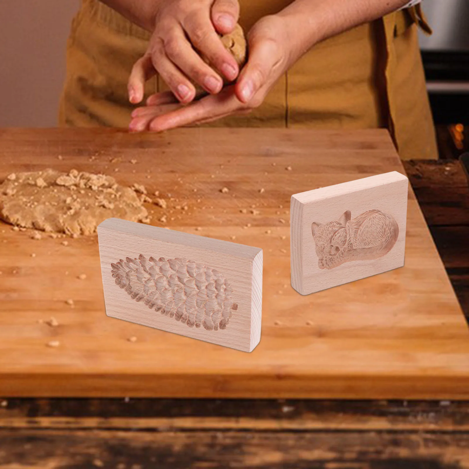 

2Pcs Wood Biscuit Molds Pine Cone Cat Shapes Wooden Cookie Press Stamps 3D Baking Mold for Home Kitchen Creative Cookie Baking