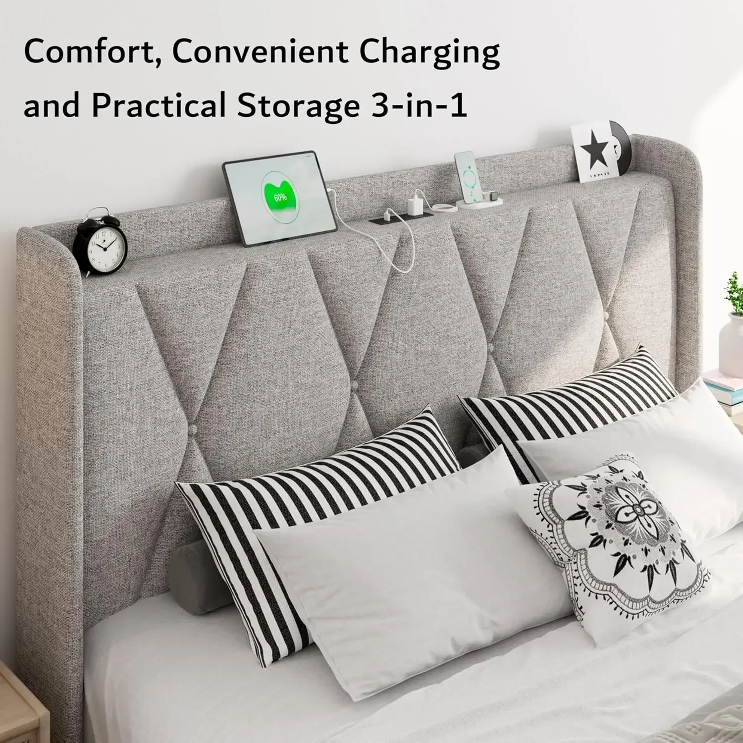 , Upholstered Platform Bed Frame with Charging Station, Modern Wingback Storage Headboard
