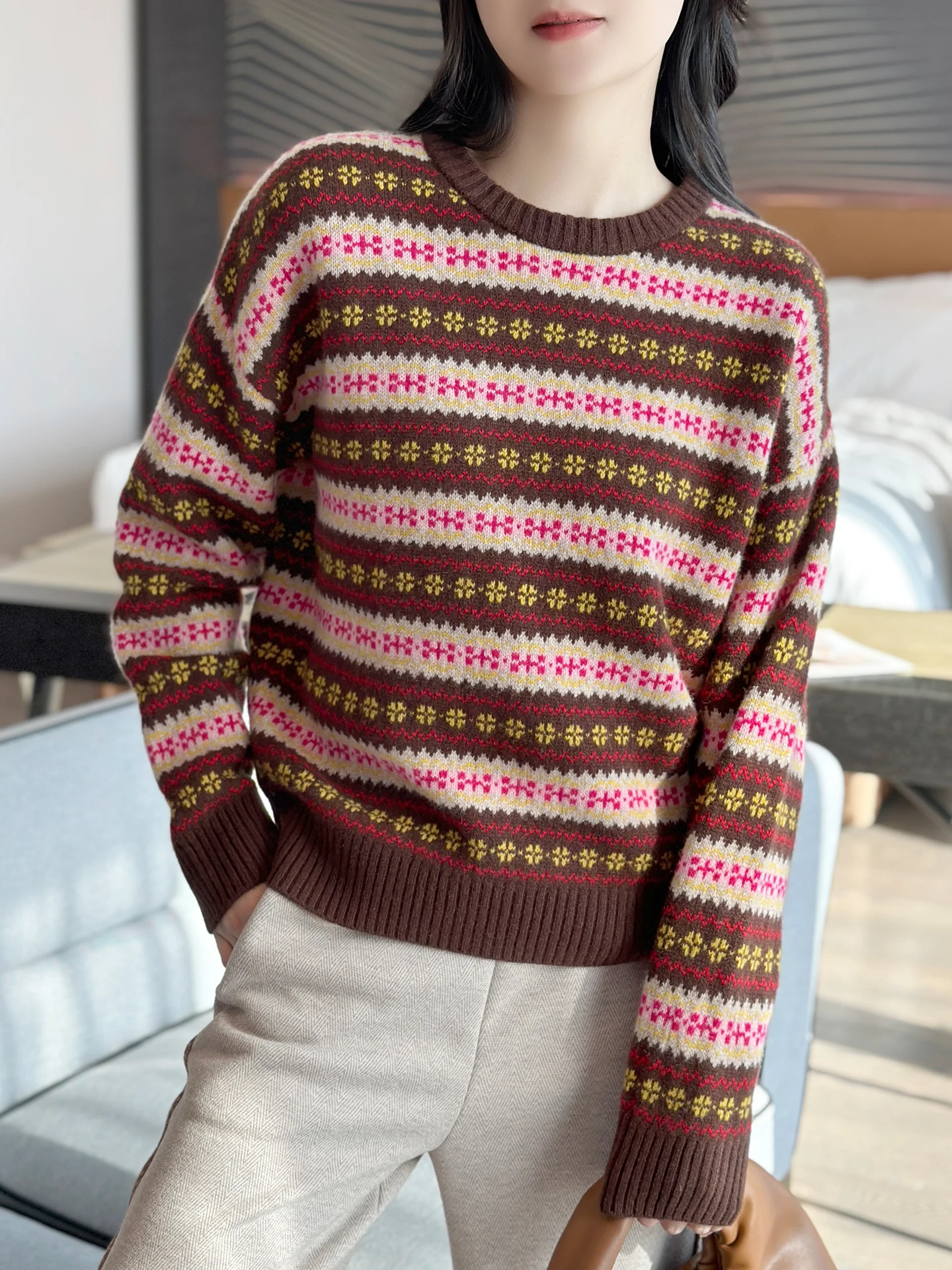 

Свитер Left Home Miu Island из мягкой шерсти, свободного кроя, с круглым вырезом, американский стиль, теплый, для женщин