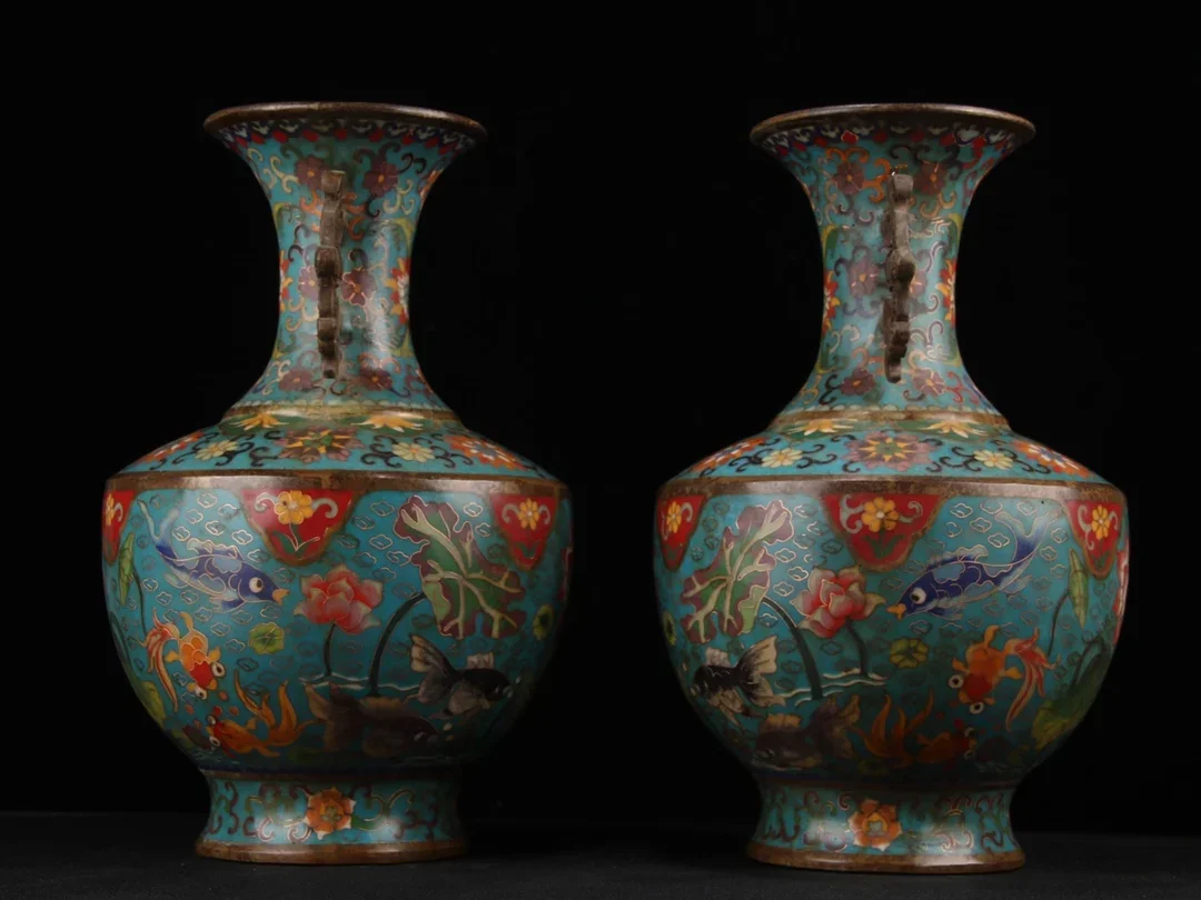 

13"Old Nepalese temples Old Bronze Cloisonne Enamel Dragon Ear Fish pattern Vase a pair Gather fortune Town house