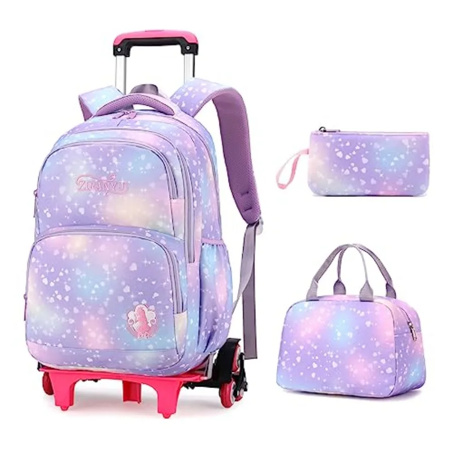 

Rolling Backpack for Girls Dream Princess Wind Bookbag with Wheels Travel Bag Trolley School Bag with Lunch Box Purple