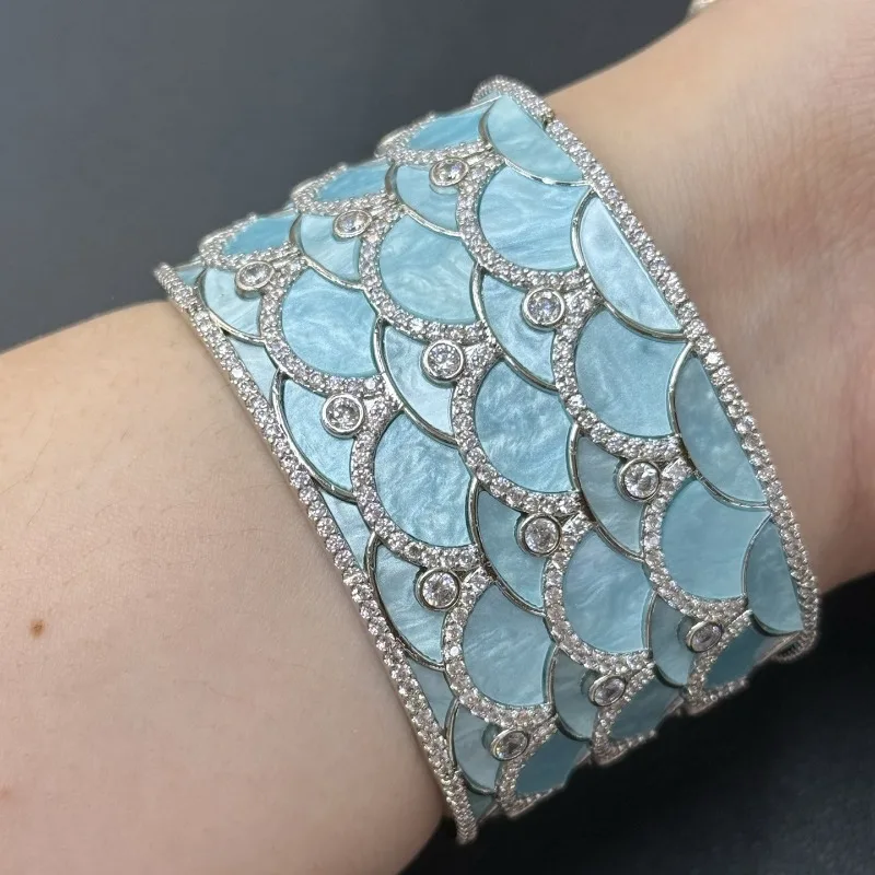 New Wide Open Bangle, Mother of Pearl Fish Scale Enamel Pave Rhinestone Mermaid Tail Cuff Bracelet