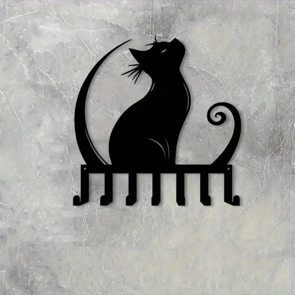 Porta Llaves Vintage con Diseño de Gato Negro, 7 Ganchos para Montar en la Pared, Diseño de Silueta para Entrada, Regalo para Amantes de Mascotas