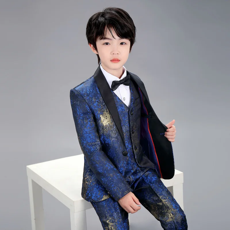 

Child Formal Dress Suit Set Handsome British Flower Boy Wedding Host Piano Partu Costume Kids Blazer Vest Pants Bowtie Outfit