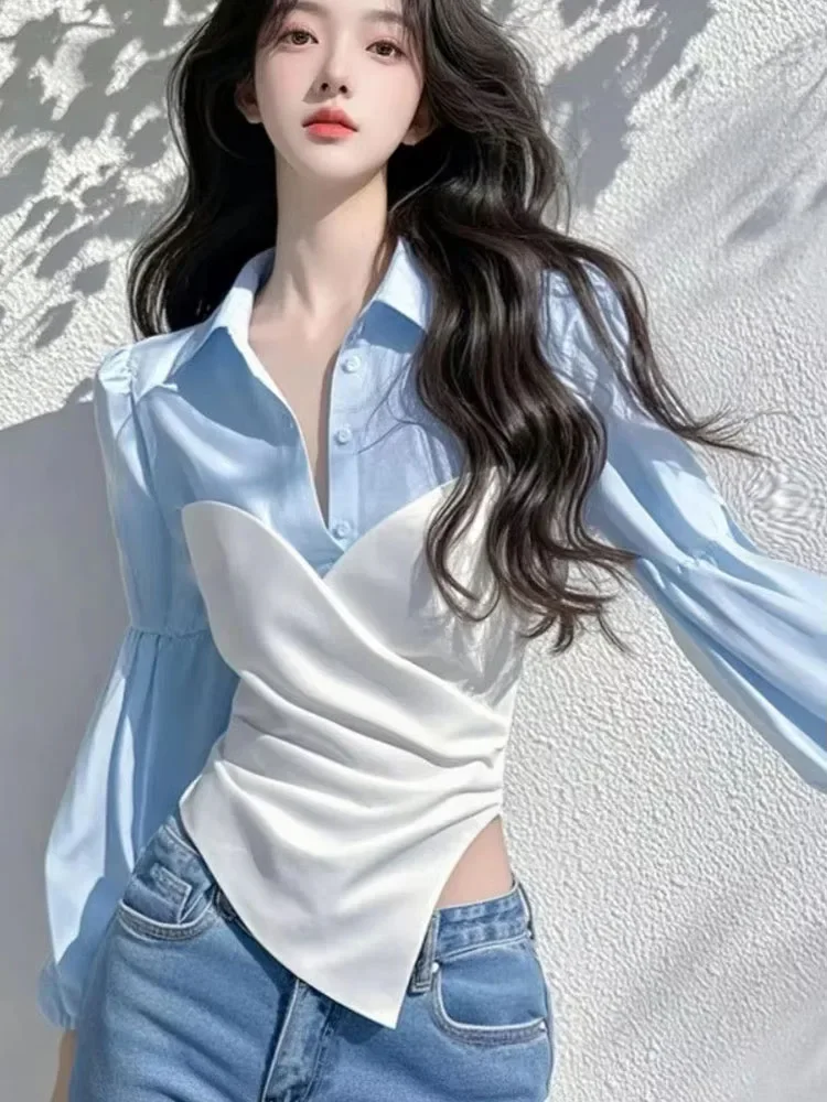 

Slim Crop Tops Contrast Color Shirts & Blouses Blusas Korean Fashion Turn Down Collar Shirts 2025 Camisas De Mujer Ol