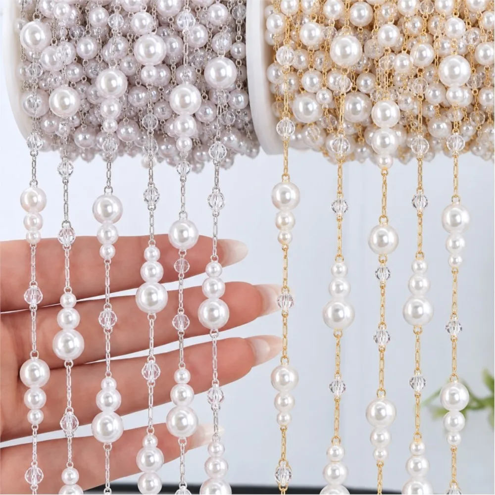 0.5Meter 1Meter 4/6/8mm Gold Pearl Beads Chains for Jewelry Making DIY Craft Brass Faux Pearls Beaded Cable Link for Necklace