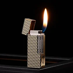 Grinding Wheel Side Slide Tilt Flame Butane Gas Lighter High Quality Metal Embossed Open Flame Lighters Cigarette Accessories