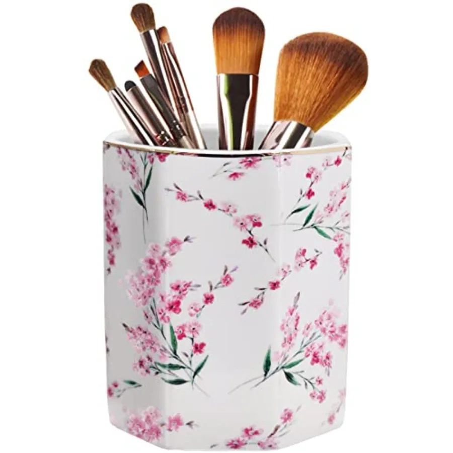 Pen Holder Stand for Desk Floral Pattern Pencil Cup for Girls Durable Ceramic Desk Organizer Makeup Brush Holder for Office Cla