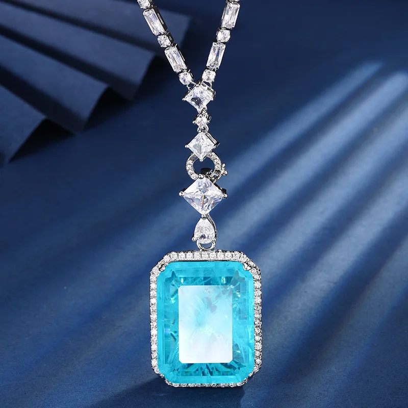 New Jewelry Plated Emerald Square 24*30 Luxurious Inlaid Large Pendant Necklace
