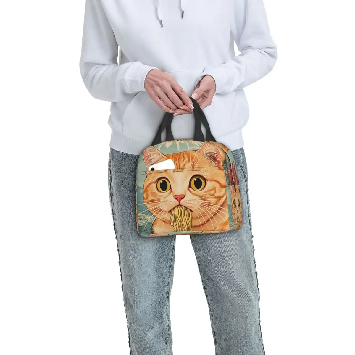 An Adorable Cat Relishing A Bowl Of Ramen Insulated Lunch Bag for Women Children Leakproof Food Boxes Thermal Lunch Box Tote