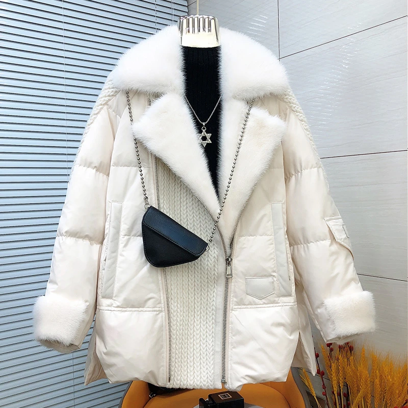 MENINA BONITA 2023 Fashion New Autumn Winter Real Mink Fur Coat Women Natural White Goose Feather Down Jacket Luxury Outerwear