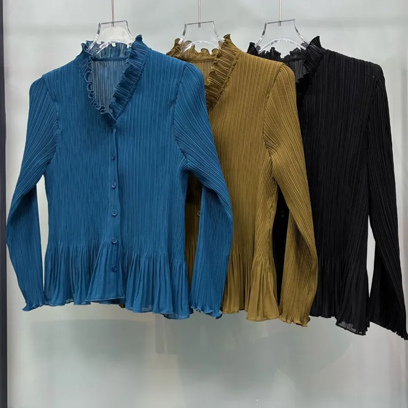 Miyake Pleated 2026 Ruffle Collar Pleated Shirt Autumn New Semi-Transparent Sunscreen Long Sleeve Jacket V-Neck Shirt for Women
