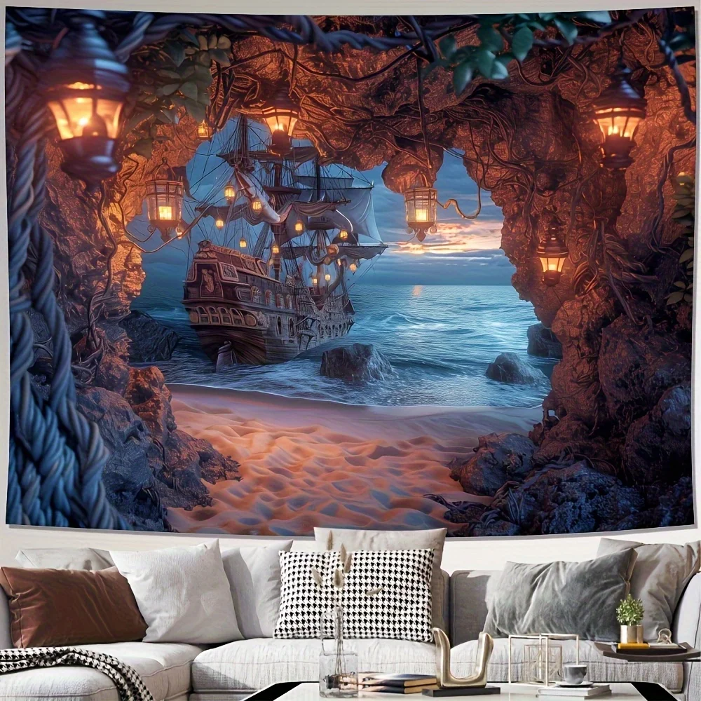 قطعة واحدة - نسيج سفينة القراصنة الساحرة، معلق على الحائط من الكتان متعدد المواضيع لديكور غرفة النوم والحفلات، تصميم هندسي فريد من نوعه #2