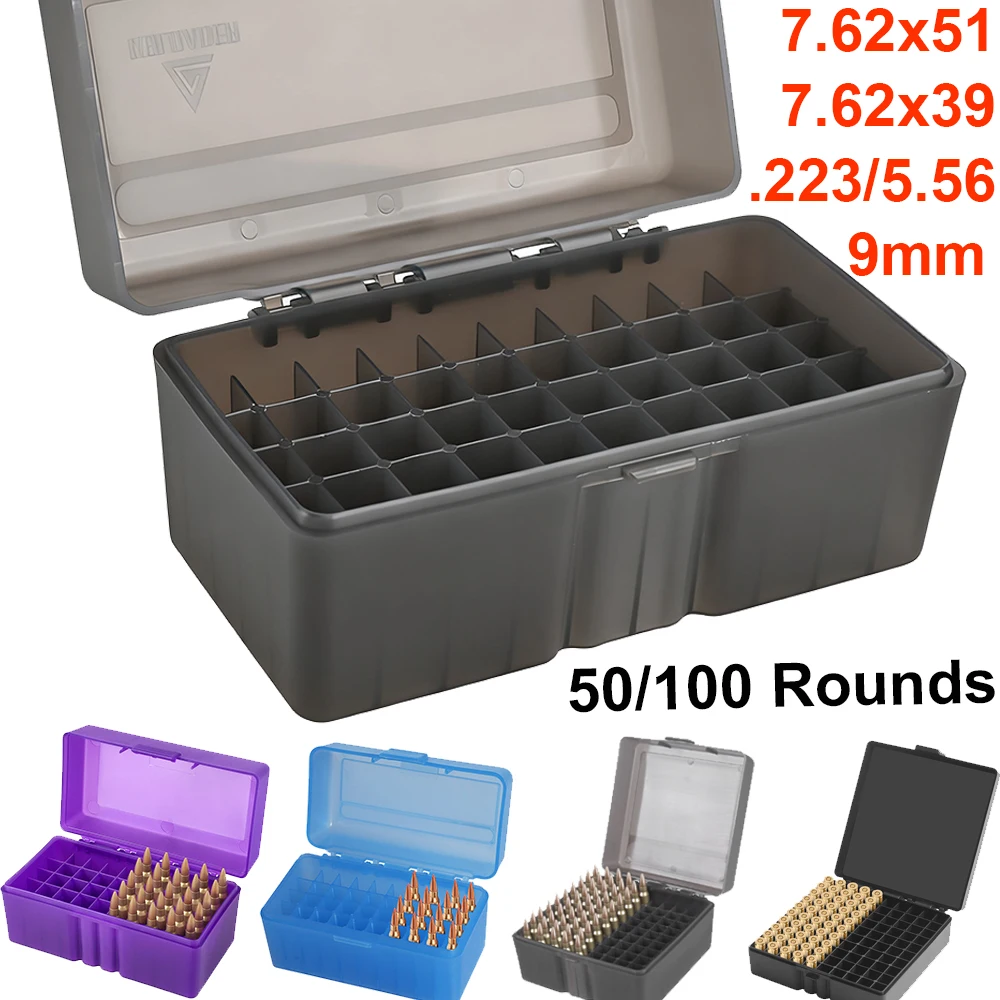 7,62x51 7,62x39/.308Win.223/5,56 9mm caja de cartuchos para Rifle de pistola 50/100 rondas caja de munición caja de almacenamiento de plástico soporte para balas