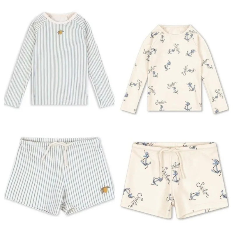 

Детские купальники, купальники для мальчиков, полосатый лимонный купальник с длинными рукавами, пляжные шорты для мальчиков, детские солнцезащитные купальники для отпуска