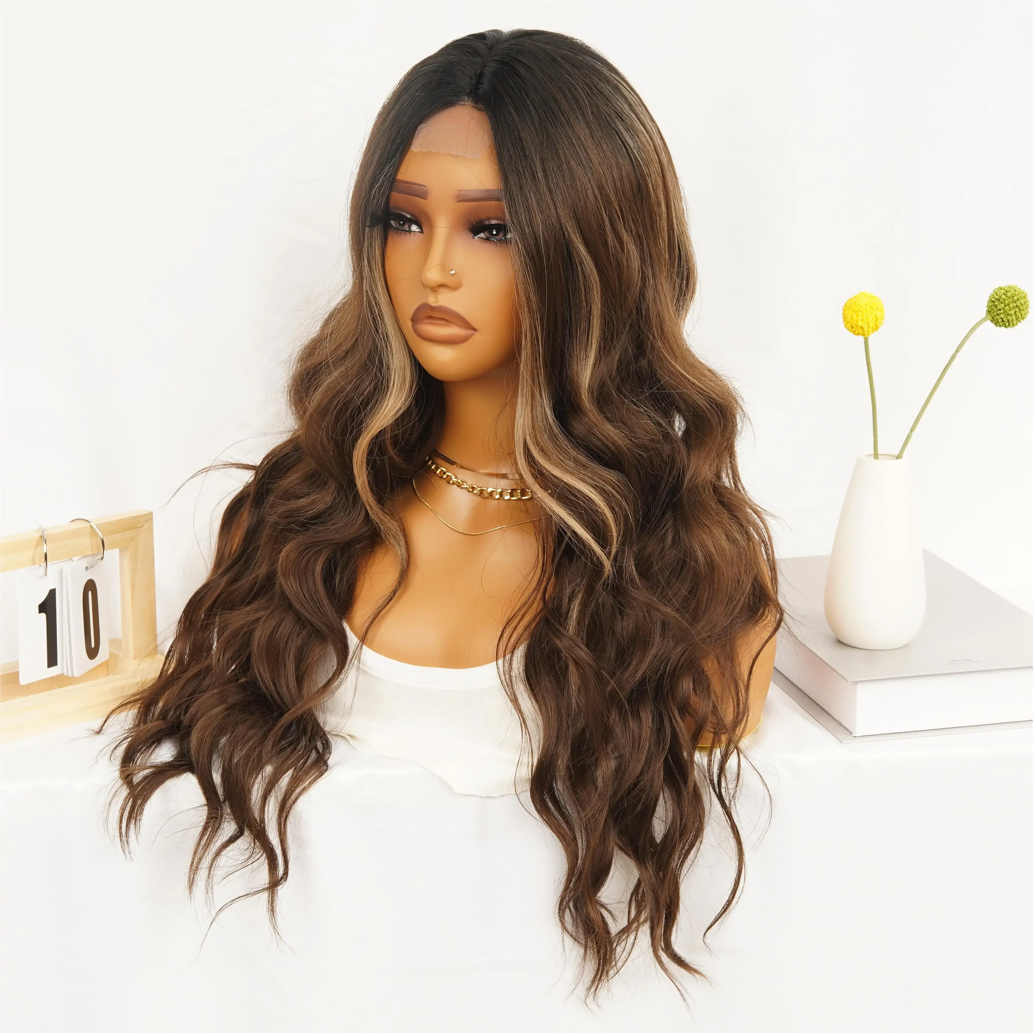 Lace Water Wave Wig Synthetic Ombre Hot Sale T Part Front Long Brown Mixed Blond High Quality Heat Resistant For Women