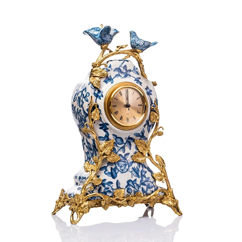 Vintage Table Desk Clock Porcelain With Brass Decoration Ornaments Luxury Leaves Branch Love Birds Clock European American Style