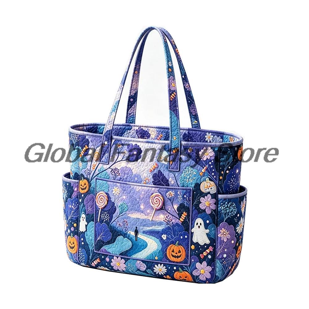 Halloween Night Print Quilted Tote Bag Pumpkin Ghost Pattern Multiple Pockets Shoulder Handbag Women Daily Shopping Bags