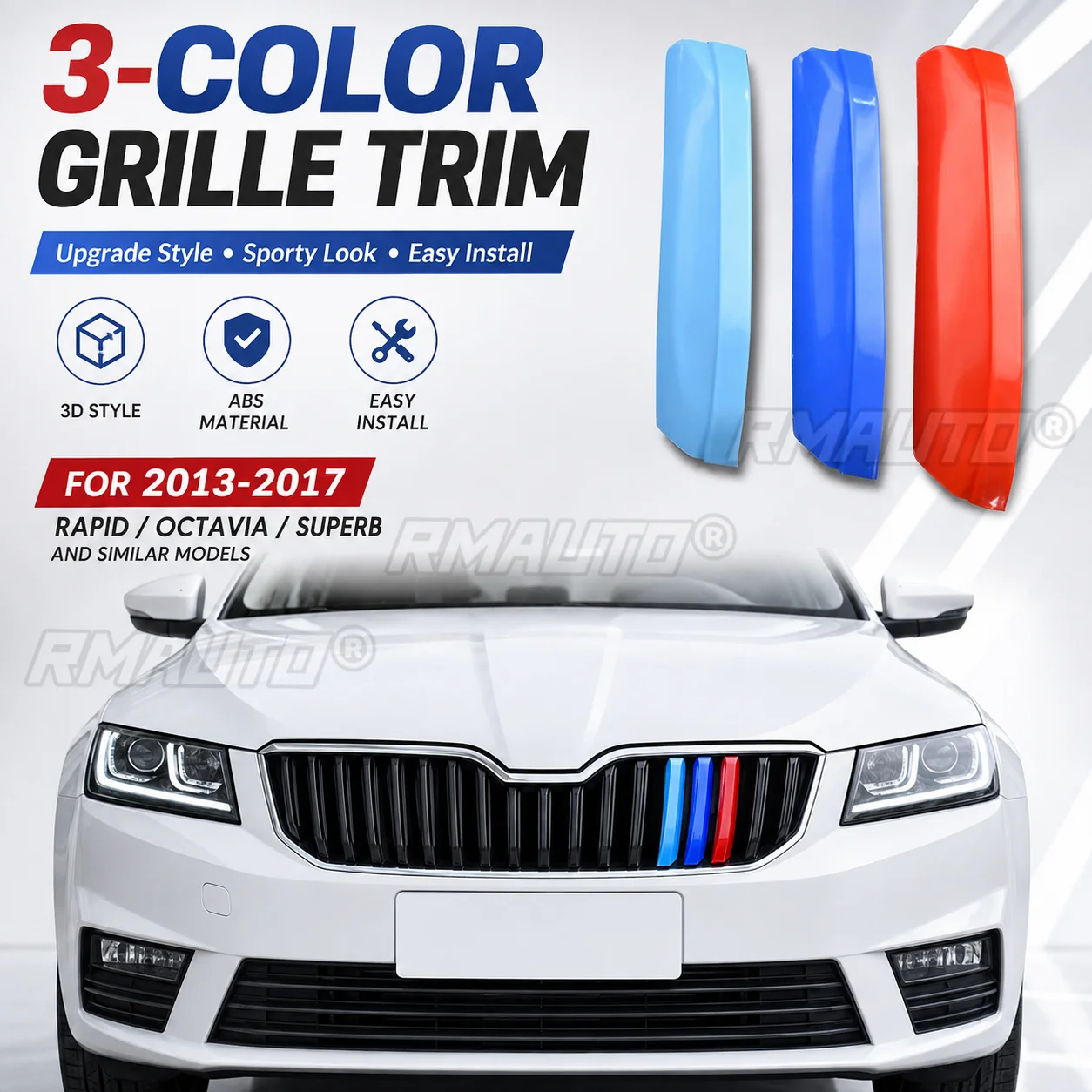 3 Color Grille Trim Strips 3D Style Front Grill Decoration For Skoda Rapid Octavia Superb 2013-2017 Car Accessories