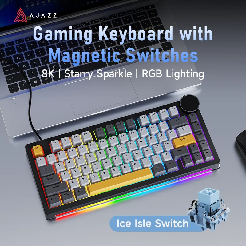 Ajazz AK820 V2 HE Bedraad 75% Hall Effect Gaming Toetsenbord, Snelle Trigger, 8000Hz Polling Rate, Hoge Precisie, Multi-mode Ondersteuning, Dubbele RGB Lichtstrips, Metalen Volume Knop, USB-C Poort,