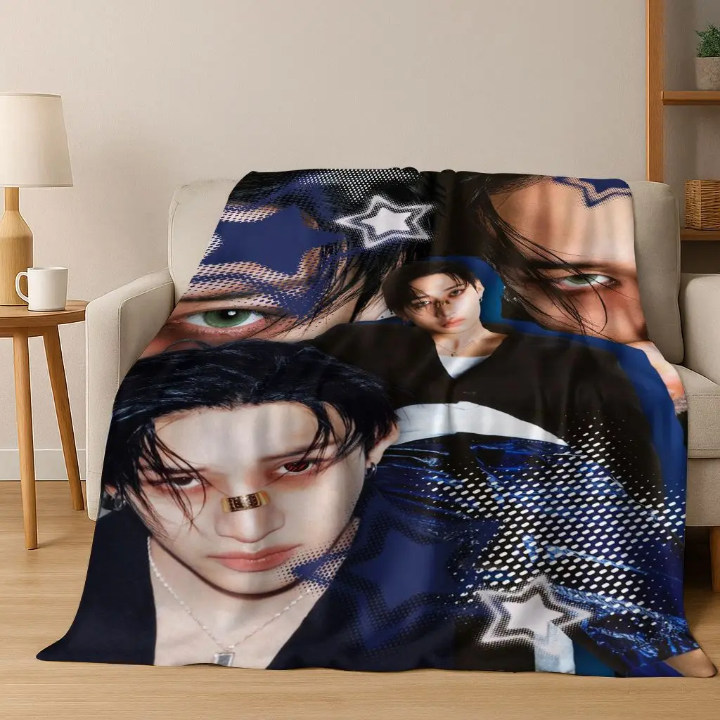 3D Print Stray Kids Kpop Star Hyunjin Flannel Blanket Soft Warm Blanket for Bedroom Living Room Bed Travel Camping Picnic Gift