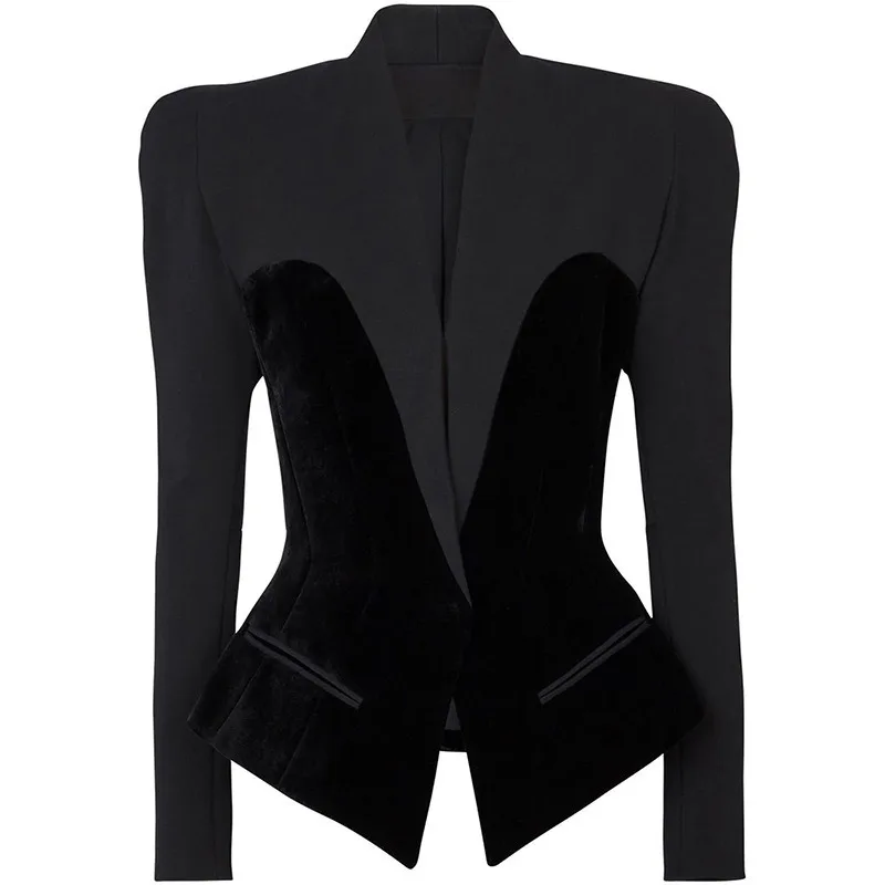 Black Velvet Patchwork Suit Jacket 2026 Autumn Winter New Designer Jacket Women's Fashion Slim V-neck Buttons Women's Clothing