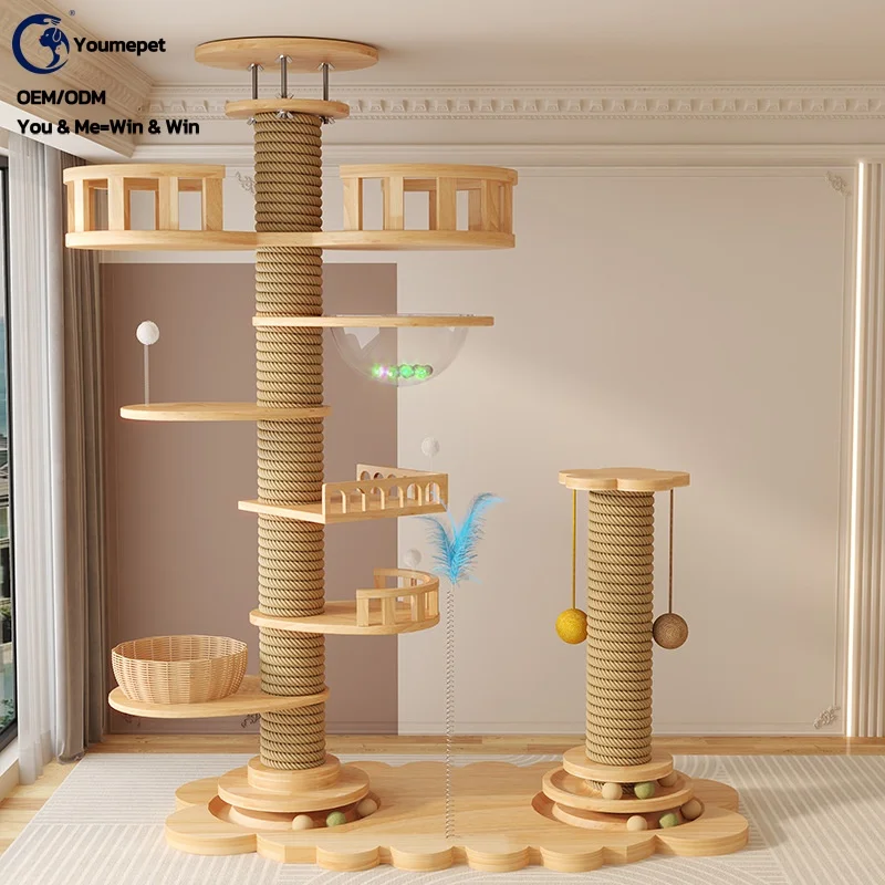 Torre para gatos grande de madera maciza con plataforma de salto multinivel, rascador, juguete y mueble para gatos.