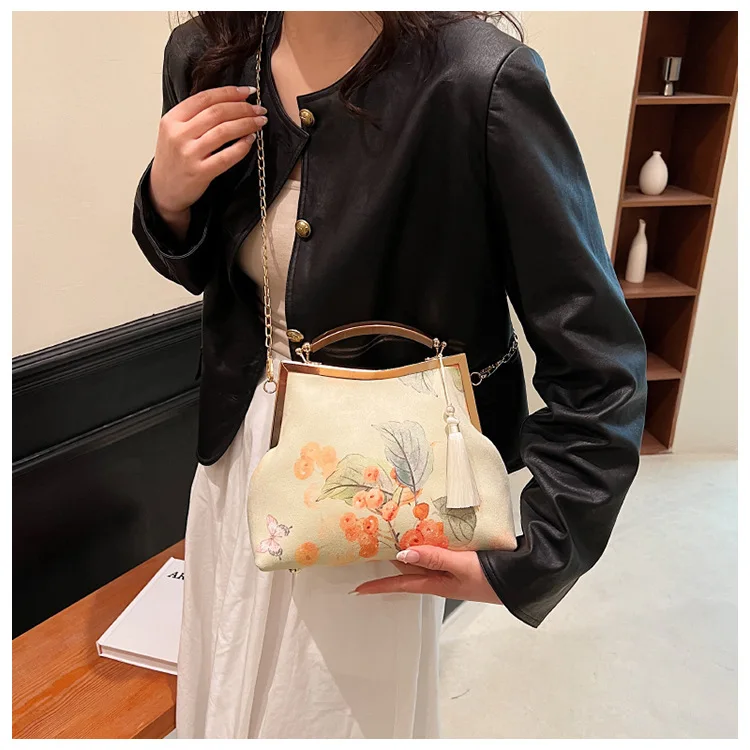 Vintage Chinese Style Evening Bags Purple Peony Print Ladies Handbags Clutches Gold Chain Shoulder Bag Wedding Party For Women