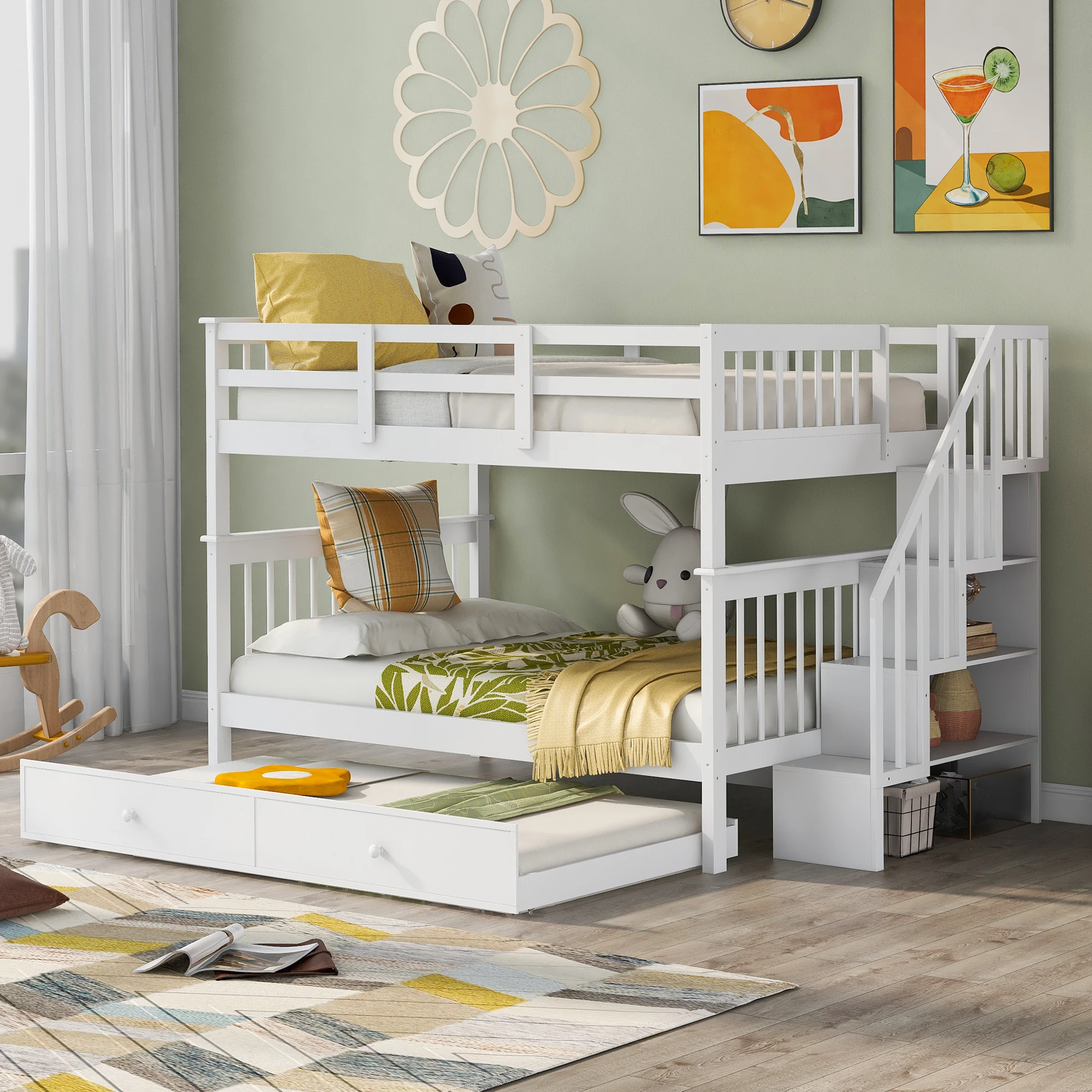 

Stairway Full-Over-Full Bunk Bed with Twin size Trundle, Storage and Guard Rail for Bedroom, Dorm - White