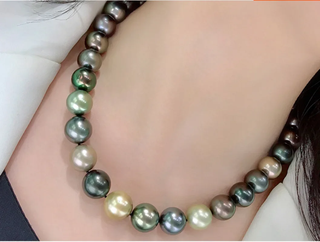 

Luxury 17"12-14mm Genuine Black Green Gold Round Pearl Necklace Women Jewelry Wedding Party Gift 925 Sterling Silver 202