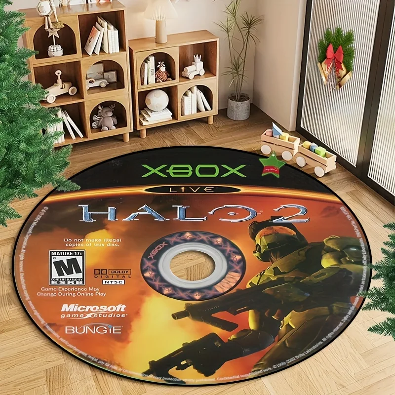 Halo 2 Xbox Live Round Area Rug Lightweight for Bedroom Living Room Game Festive Decor for Easter Hanukkah Made Stripes Plaid