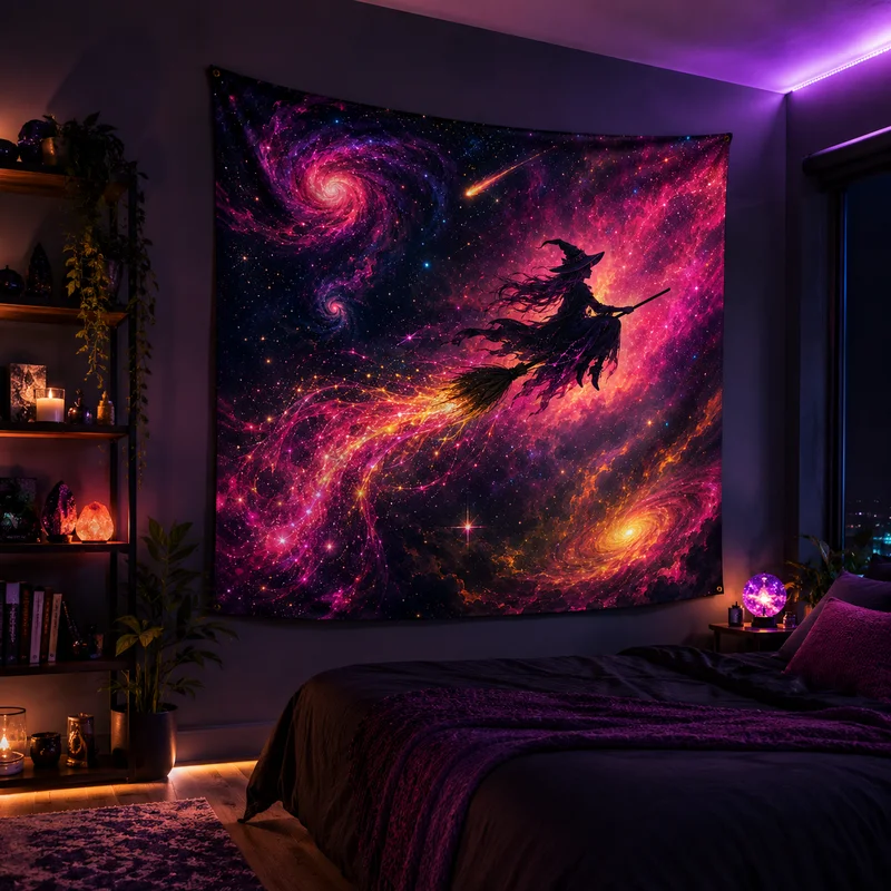 VIKAMA Pink Purple Orange Vortex Galaxy Flying Witch Tapestry Cosmic Nebula Spiral Galaxy Broom Flying Witch Room Decoration