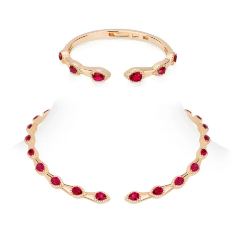 

BELLUX 925 Silver Synthetic Zircon Bracelet Necklace Set Ruby Water Drop Red Full Diamond God Snake Light Luxury Open Bangle