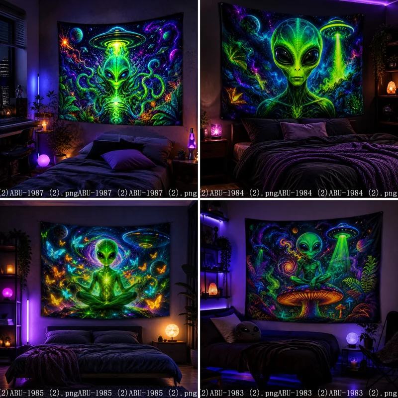 VIKAMA Trippy Alien UFO Tapestry Psychedelic Cosmic Wall Hanging Gaming Dorm Bedroom Live Stream Photo Backdrop Decor Cloth