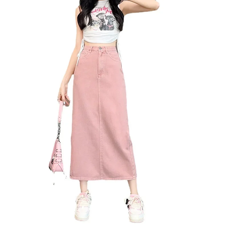 

Women's Vintage Pink Denim Skirt, High-waisted, Slimming, Side Slit, A- Line, American Style, New Arrival, 2024