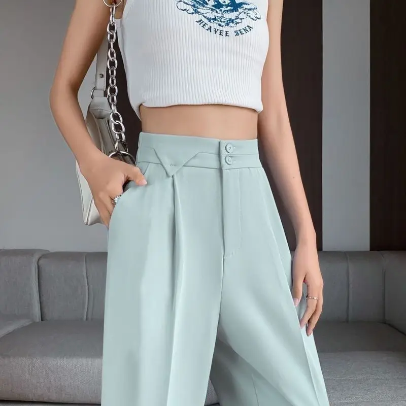 

Ice Silk Suit Pants Women's Summer High Waist Drape Loose and Thin Small Foot Pipe Pants Nine-point Harlan Pants
