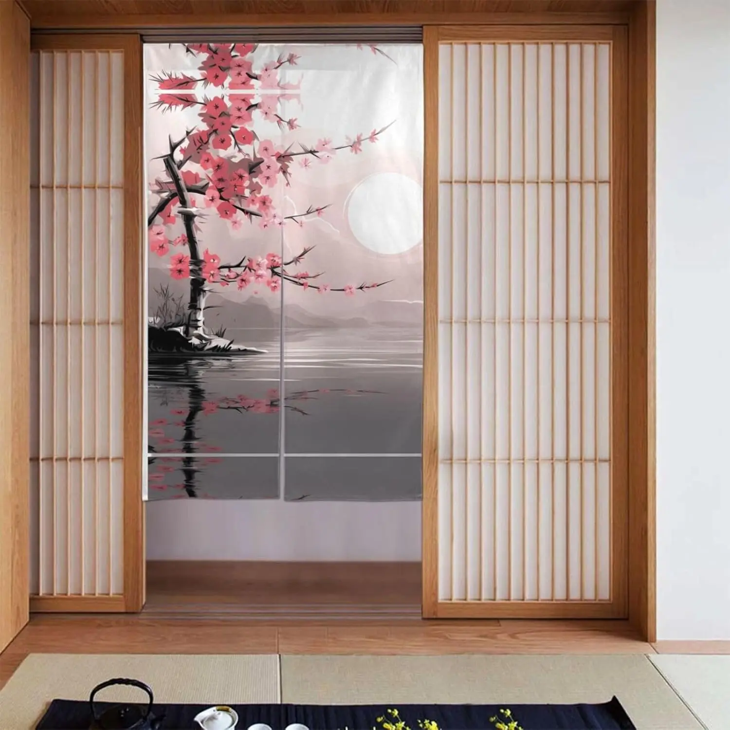 Elegant Sakura Moon Noren Curtain, Red Plum Blossom with Full Moon & Water Pattern, Japanese Style Curtain for Bedroom Tea Room